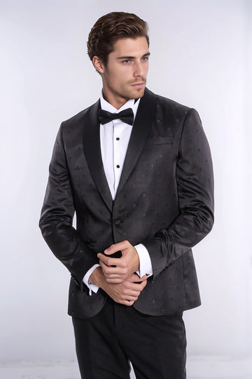 Dot Patterned Slim Fit Black Men Tuxedo Jacket - Wessi