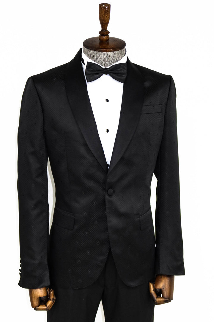 Dot Patterned Slim Fit Black Men Prom Blazer and Trousers Combination - Wessi