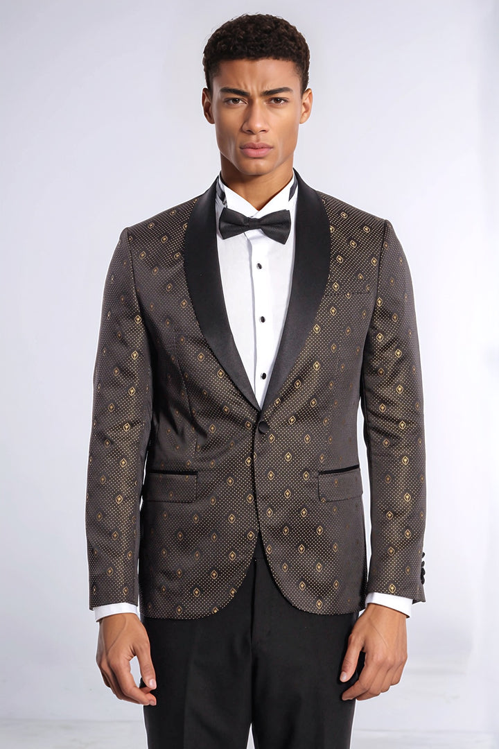 Blazer de esmoquin para hombre negro con estampado de lunares dorados y solapa chal - Wessi