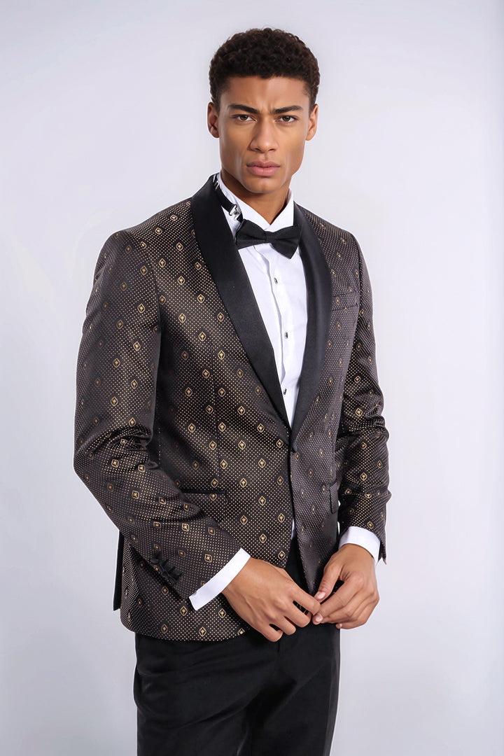 Blazer de esmoquin para hombre negro con estampado de lunares dorados y solapa chal - Wessi