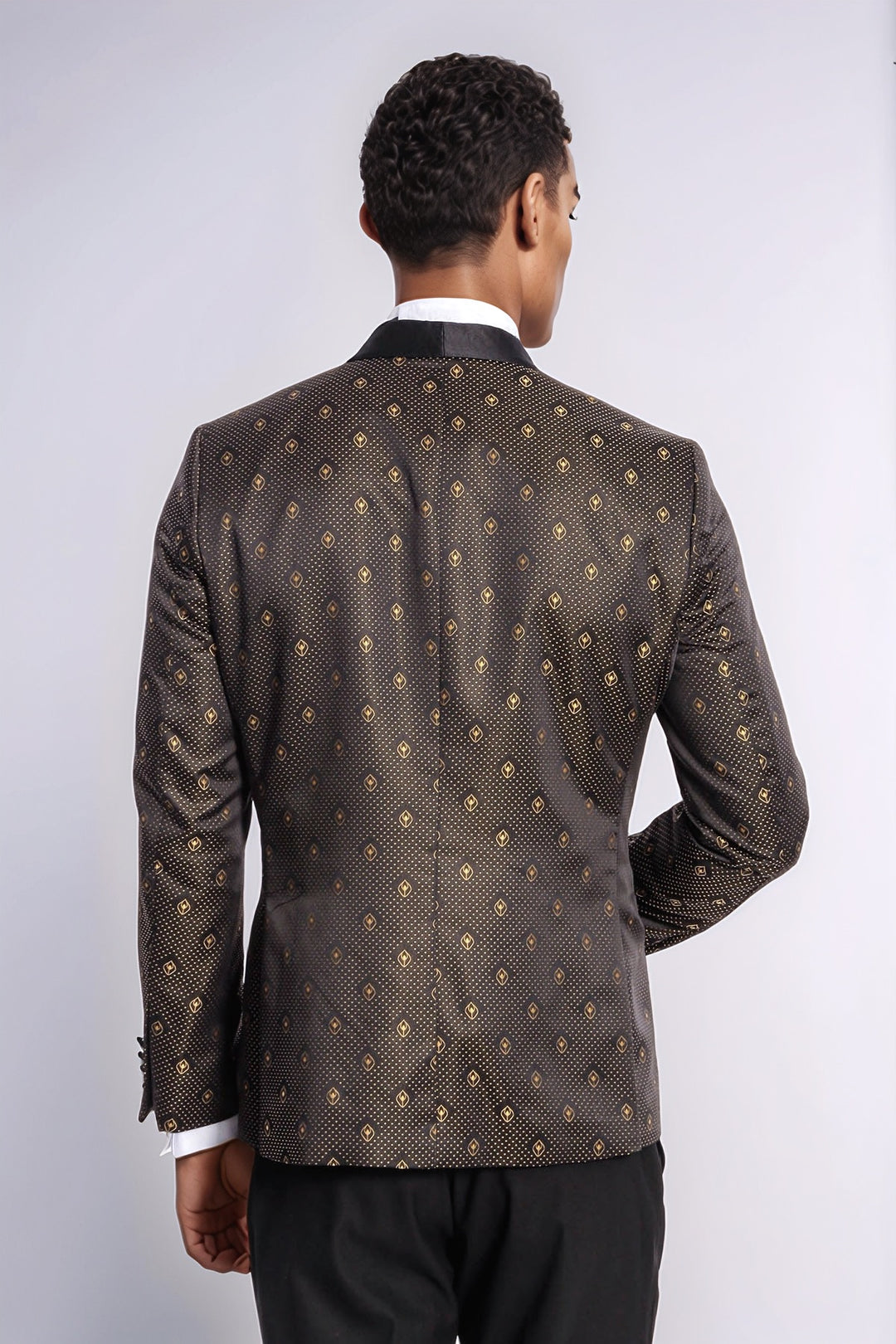 Blazer de esmoquin para hombre negro con estampado de lunares dorados y solapa chal - Wessi