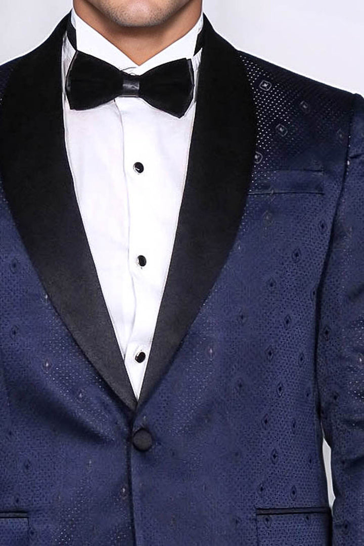 Patterned Shawl Lapel Navy Blue Men Tuxedo Jacket - Wessi