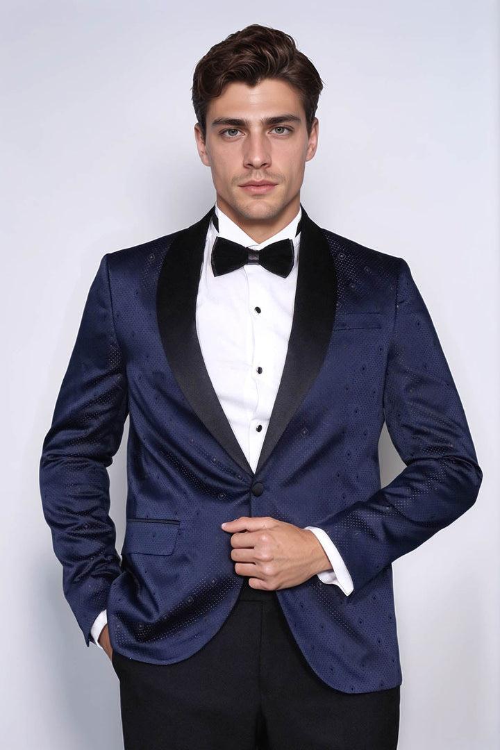 Patterned Shawl Lapel Navy Blue Men Tuxedo Jacket - Wessi