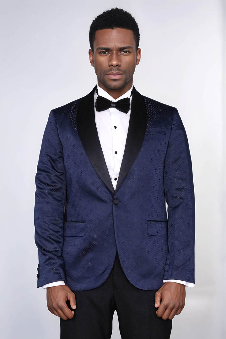Patterned Shawl Lapel Navy Blue Men Tuxedo Jacket - Wessi