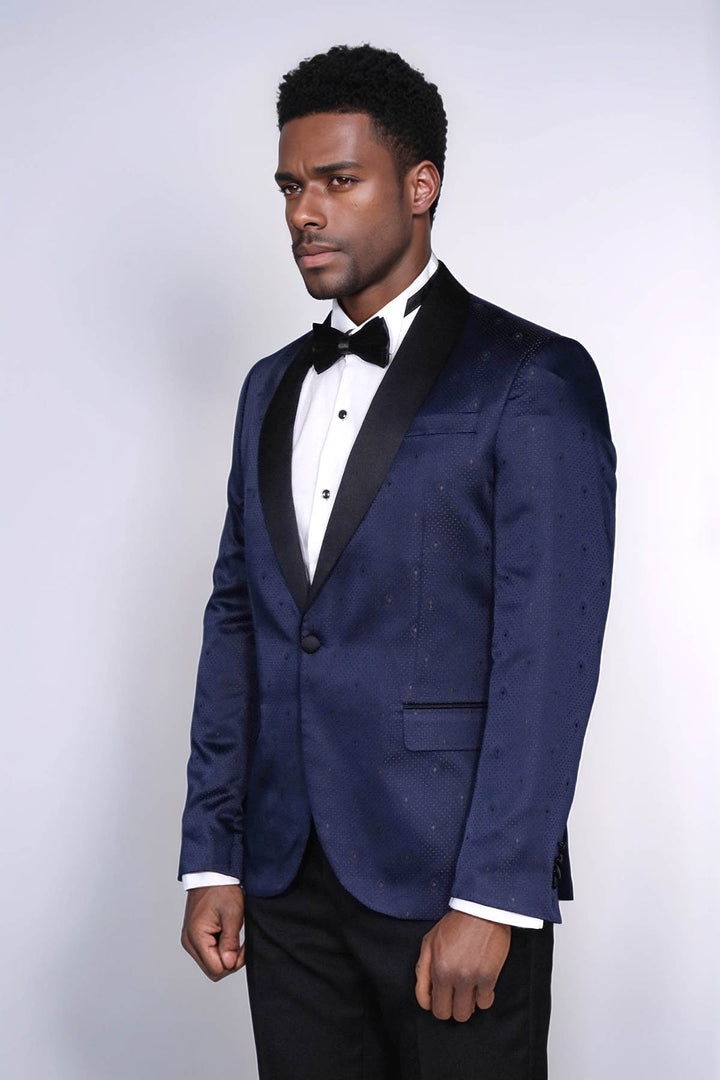 Patterned Shawl Lapel Navy Blue Men Tuxedo Jacket - Wessi
