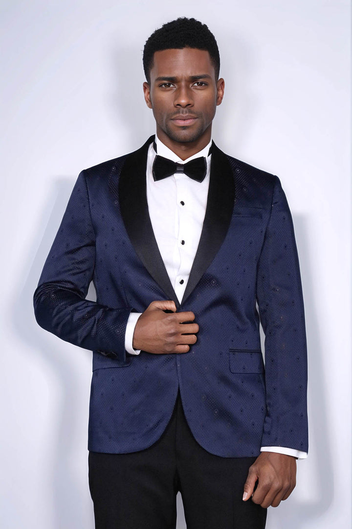 Patterned Shawl Lapel Navy Blue Men Tuxedo Jacket - Wessi