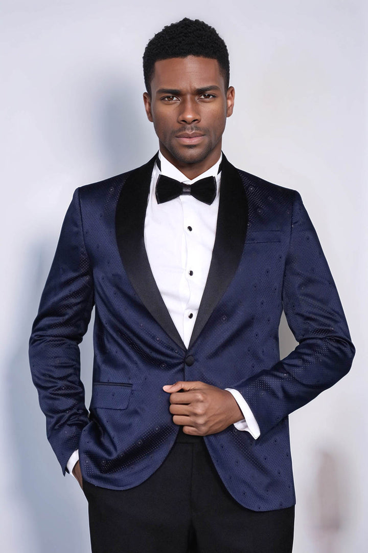 Patterned Shawl Lapel Navy Blue Men Tuxedo Jacket - Wessi