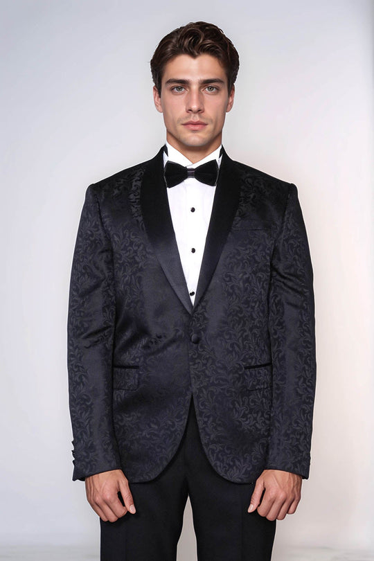 Черный мужской блейзер для выпускного с шалью и лацканами с цветочным узором - Wessi