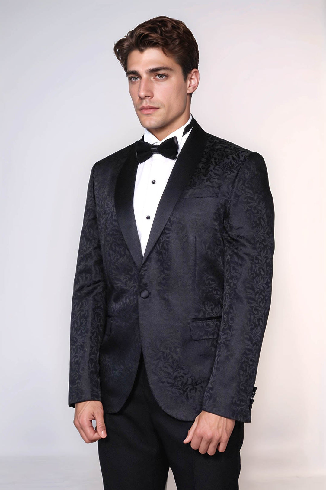 Blazer da uomo nero con motivo floreale con risvolto sciallato - Wessi