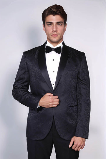 Черный мужской блейзер для выпускного с шалью и лацканами с цветочным узором - Wessi