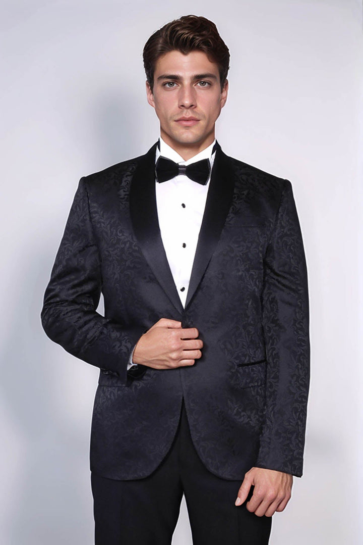 Blazer da uomo nero con motivo floreale con risvolto sciallato - Wessi