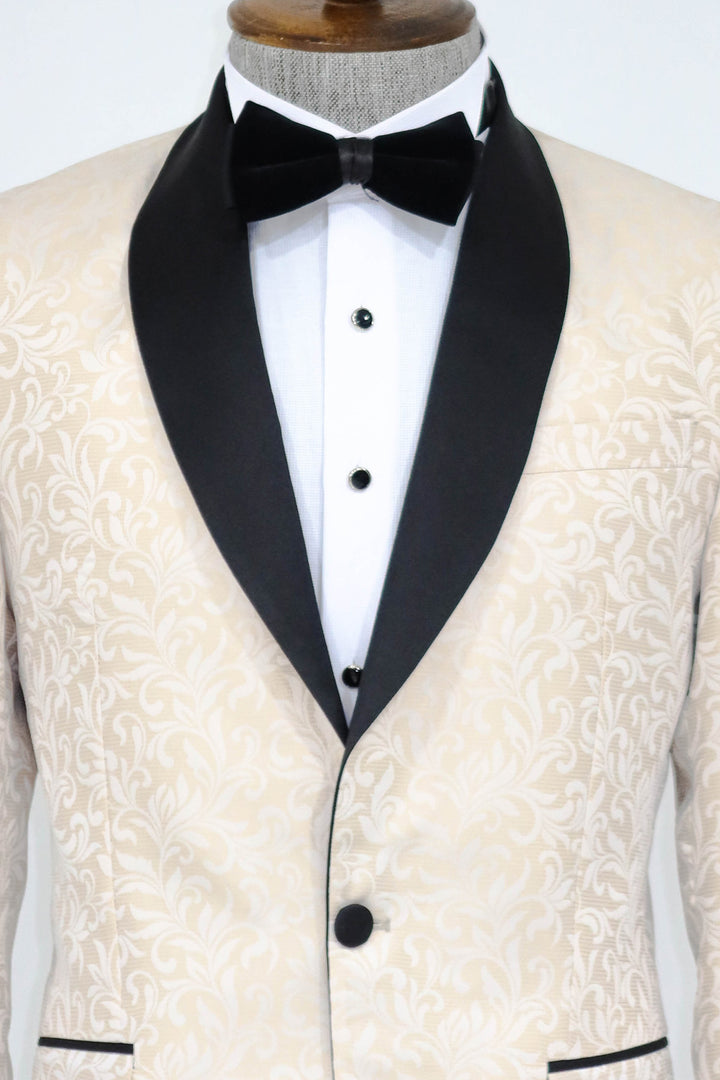 Shawl Lapel Floral Patterned Cream Men Singer Stage Blazer - Wessi