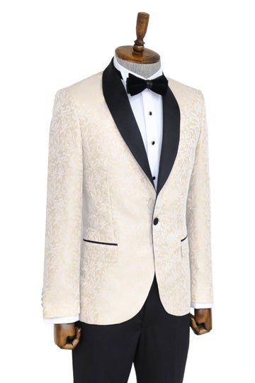 Shawl Lapel Floral Patterned Cream Men Singer Stage Blazer - Wessi