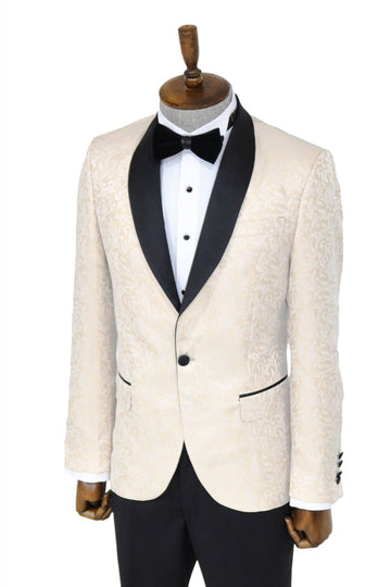 Shawl Lapel Floral Patterned Cream Men Singer Stage Blazer - Wessi