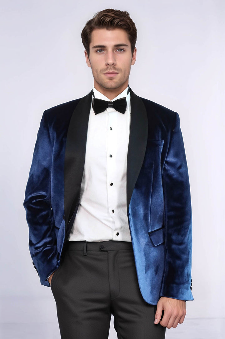 Shawl Lapel Velvet Navy Blue Men Prom Party Blazer - Wessi