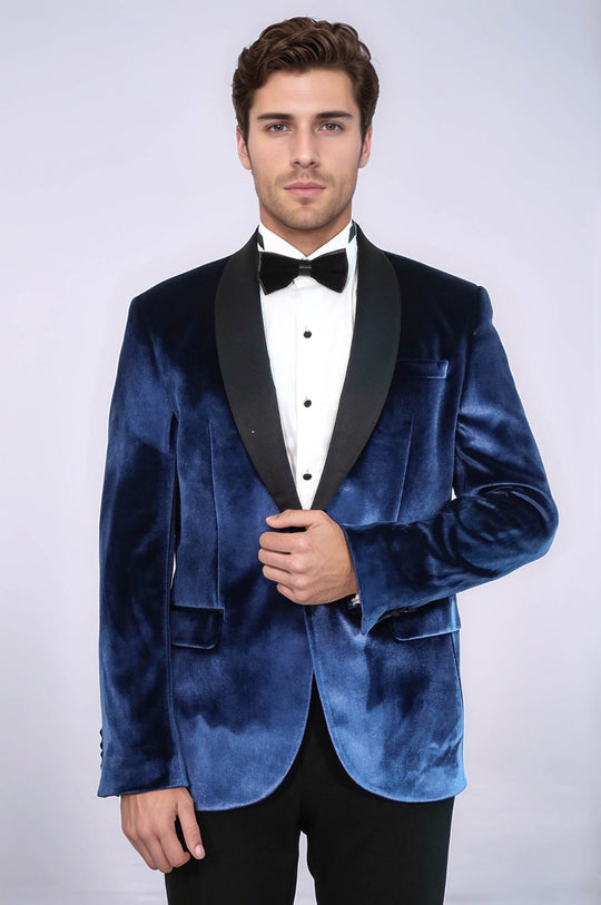 Shawl Lapel Velvet Navy Blue Men Prom Party Blazer - Wessi