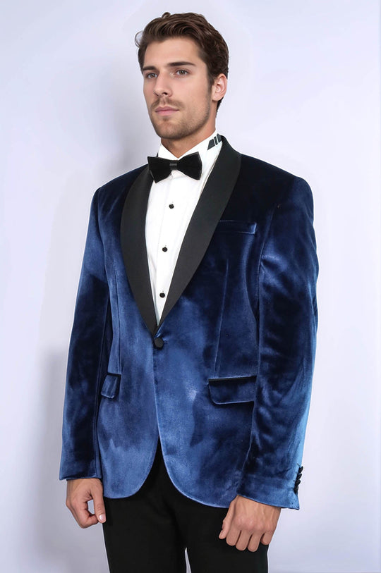 Shawl Lapel Velvet Navy Blue Men Prom Party Blazer - Wessi