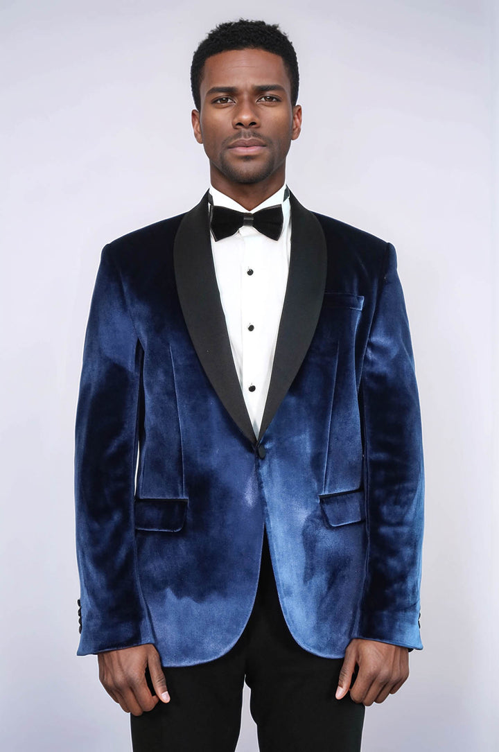 Shawl Lapel Velvet Navy Blue Men Prom Party Blazer - Wessi