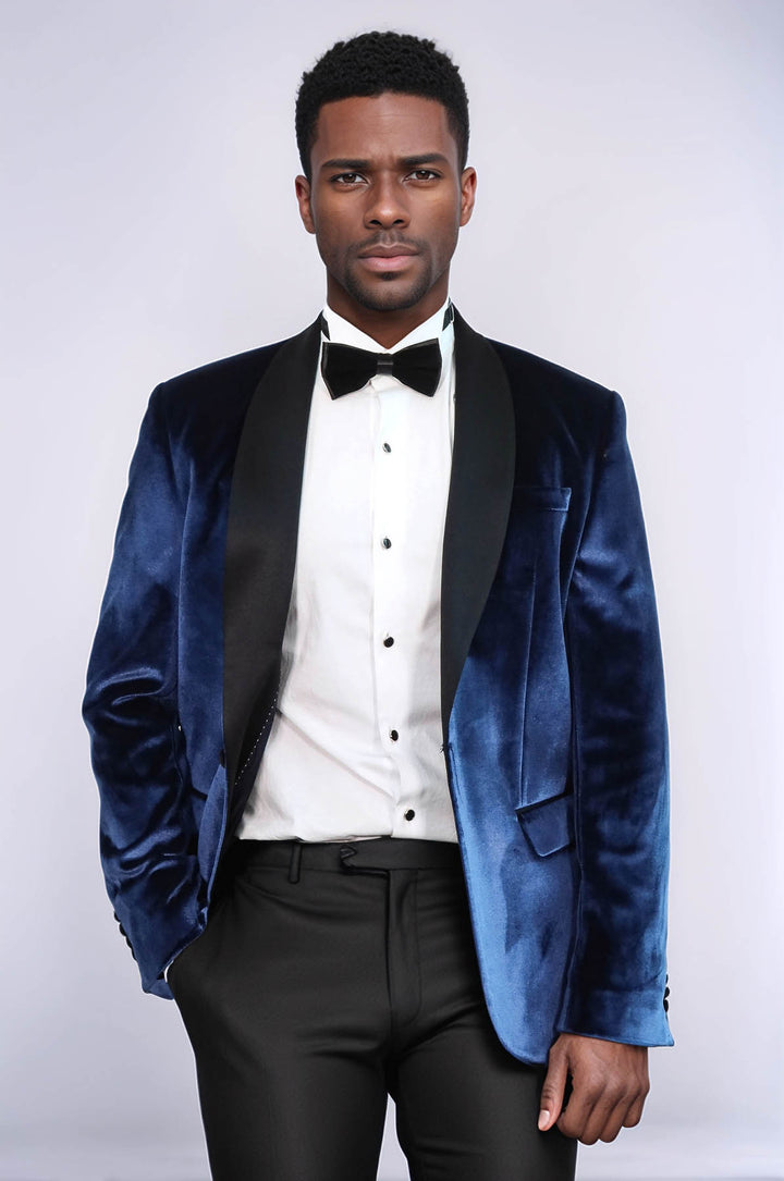Shawl Lapel Velvet Navy Blue Men Prom Party Blazer - Wessi