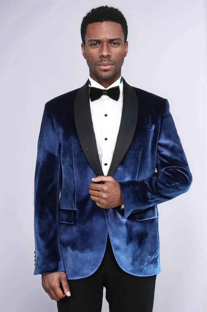 Shawl Lapel Velvet Navy Blue Men Prom Party Blazer - Wessi