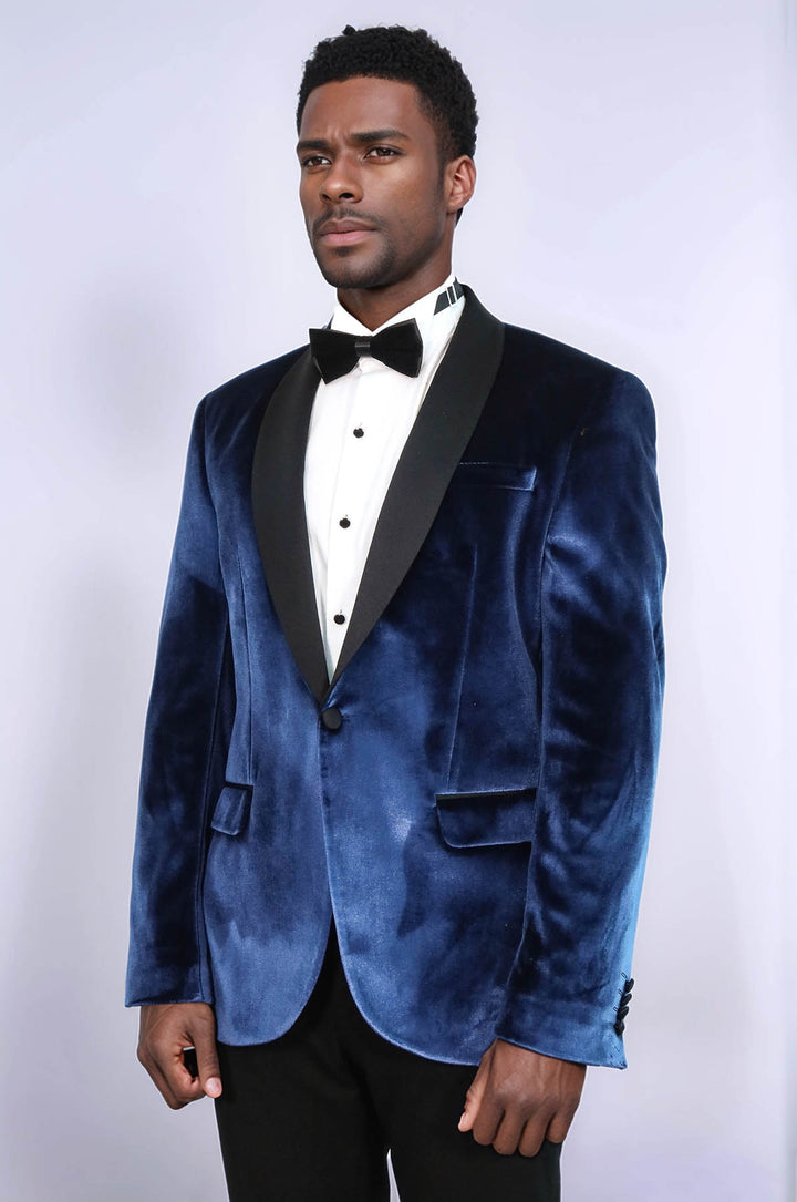 Shawl Lapel Velvet Navy Blue Men Prom Party Blazer - Wessi