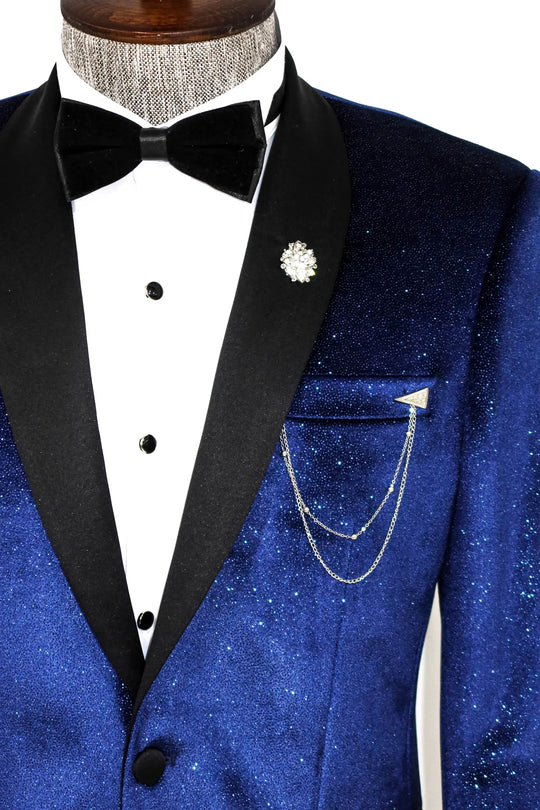 Бархатный саксофонно-синий мужской блейзер для выпускного с шалевым воротником - Wessi