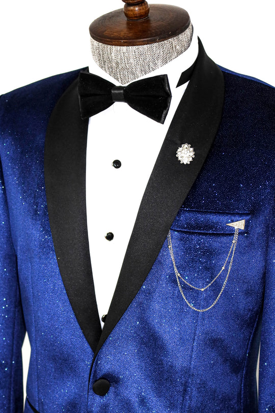 Бархатный саксофонно-синий мужской блейзер для выпускного с шалевым воротником - Wessi