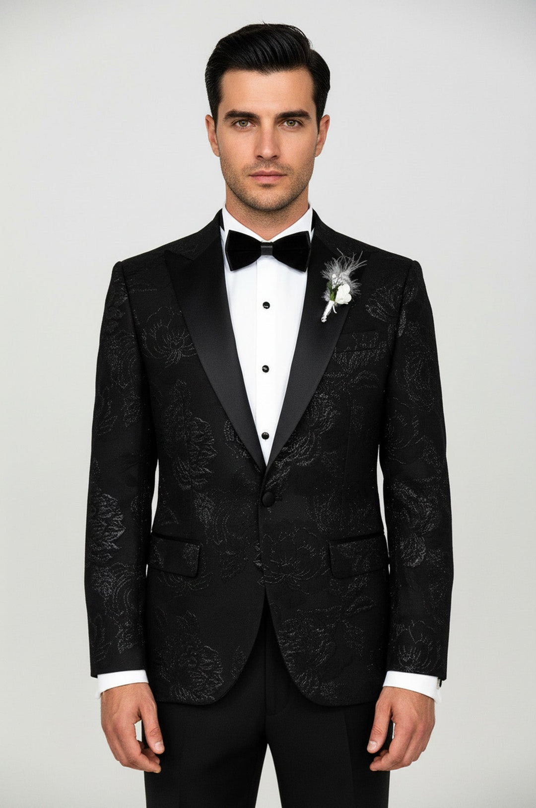 Floral Patterned Peak Lapel Black Tuxedo Blazer - Wessi
