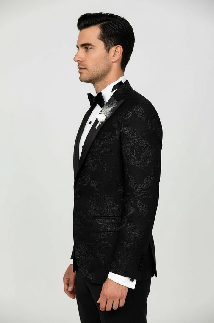 Floral Patterned Peak Lapel Black Tuxedo Blazer - Wessi