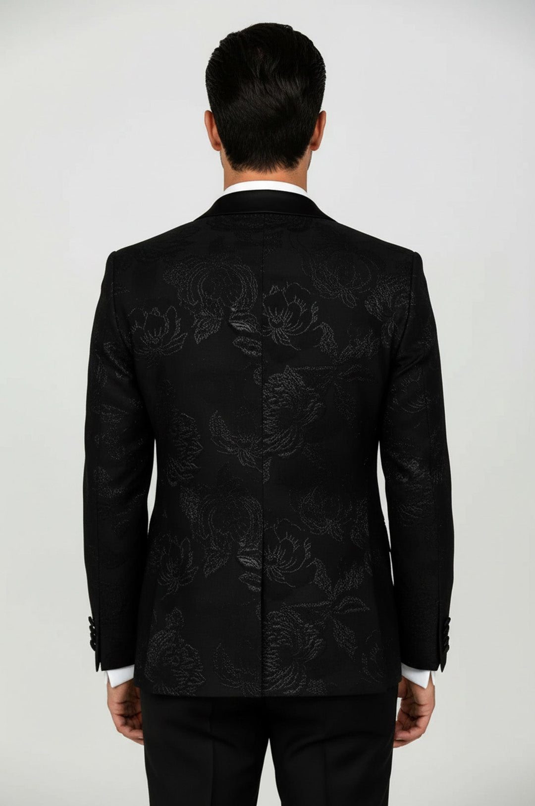 Floral Patterned Peak Lapel Black Tuxedo Blazer - Wessi