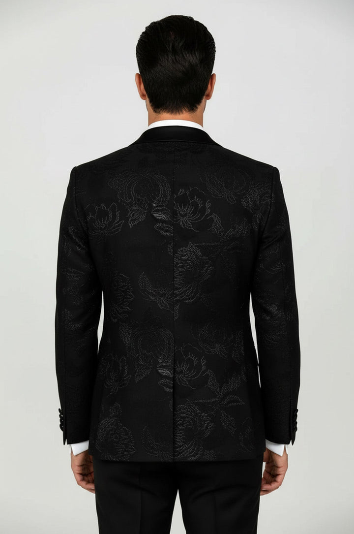 Floral Patterned Peak Lapel Black Tuxedo Blazer - Wessi