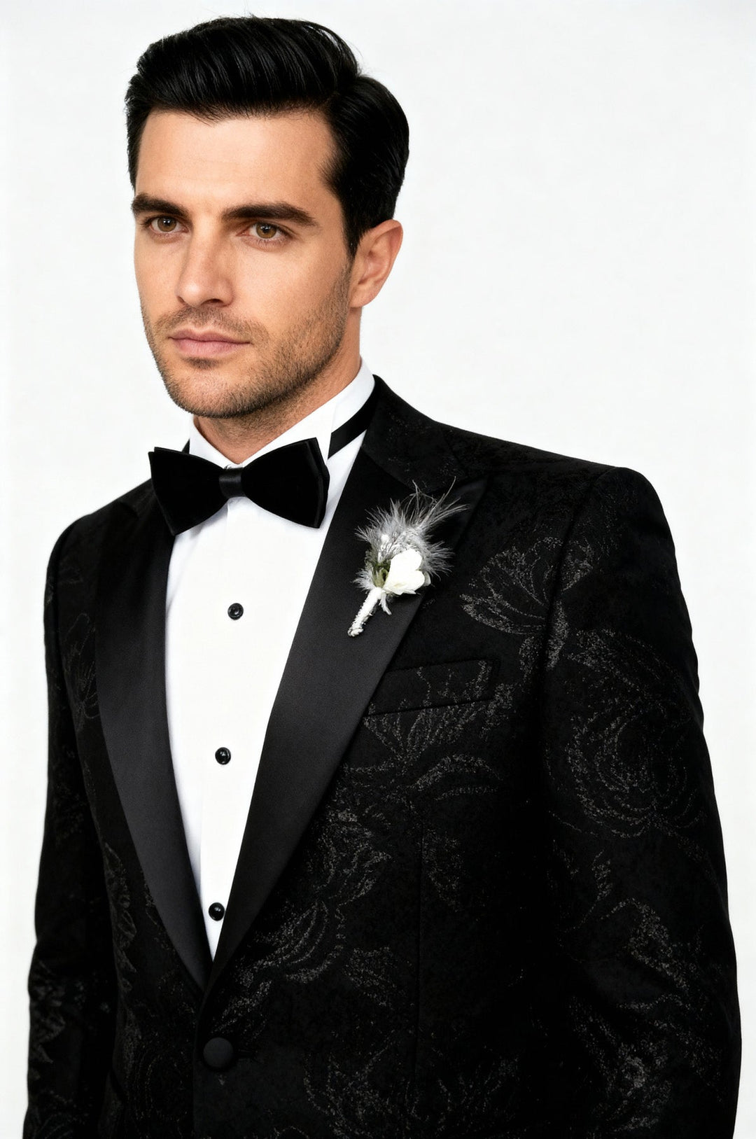 Floral Patterned Peak Lapel Black Tuxedo Blazer - Wessi