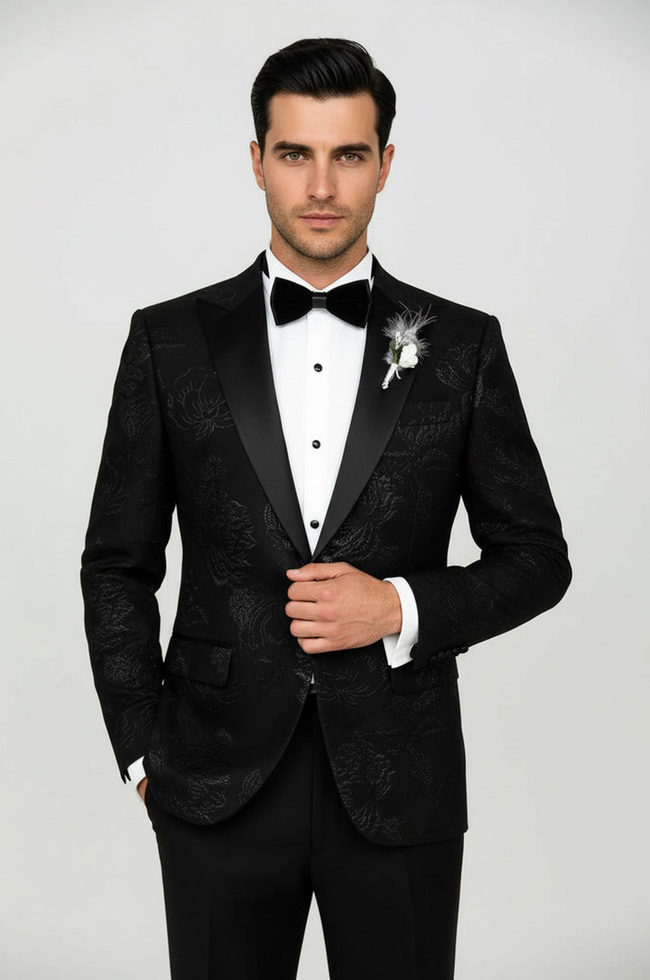 Floral Patterned Peak Lapel Black Tuxedo Blazer - Wessi