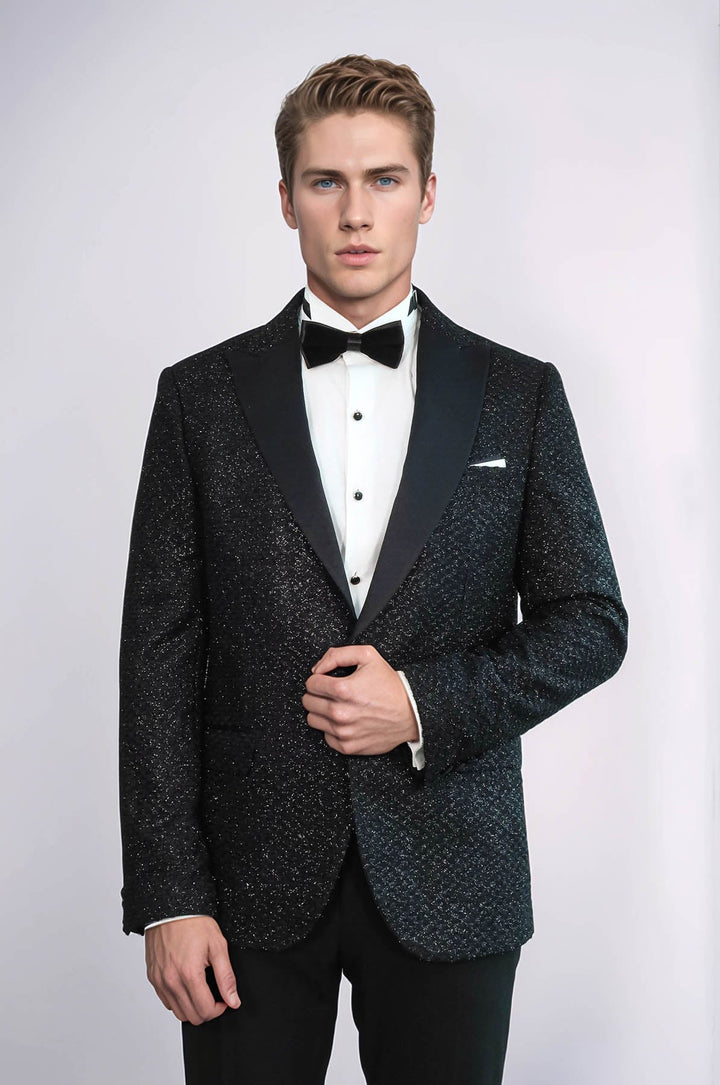 Черный мужской блейзер для выпускного с блестящим узором в мелкую клетку - Wessi