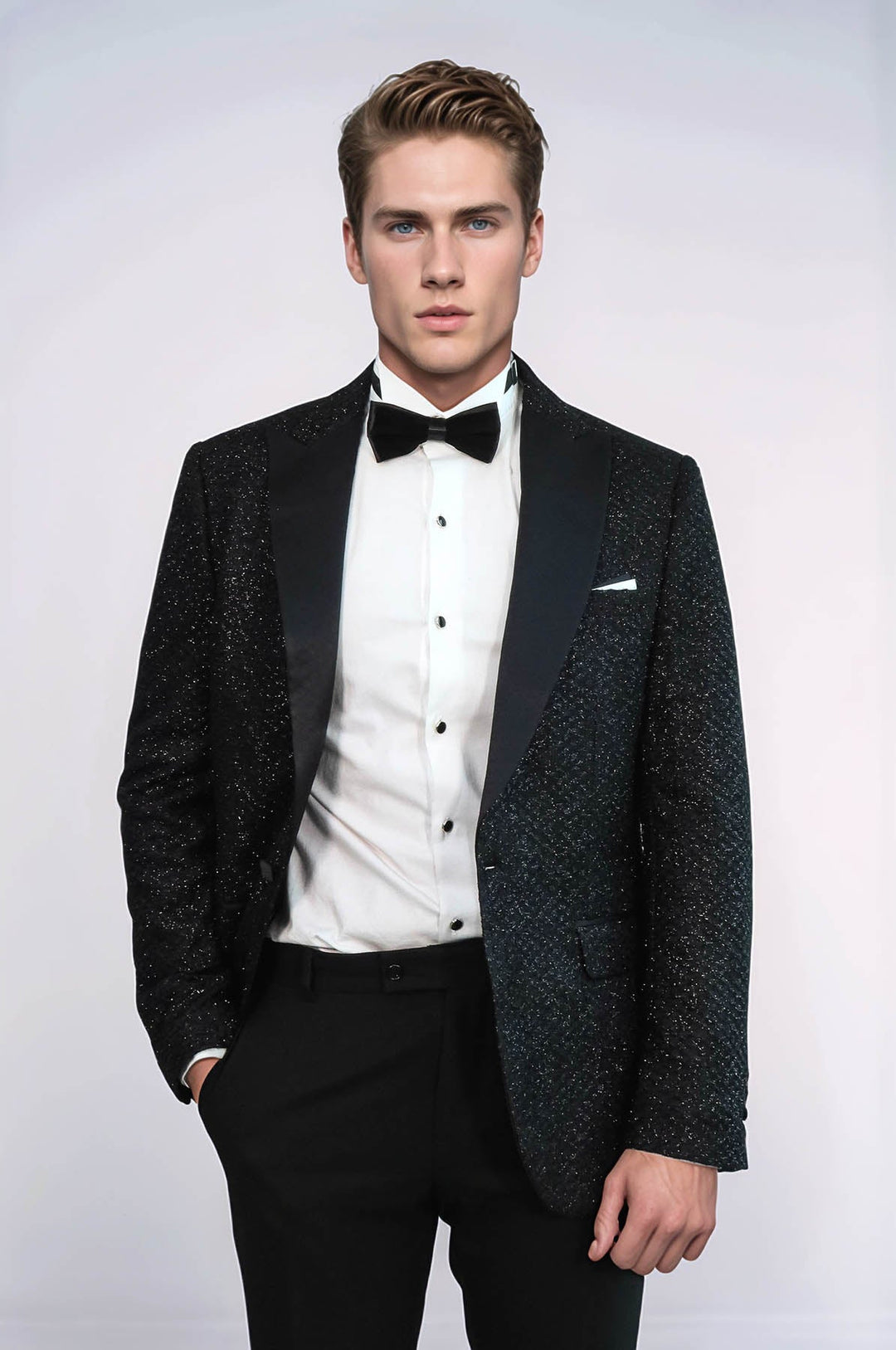 Черный мужской блейзер для выпускного с блестящим узором в мелкую клетку - Wessi