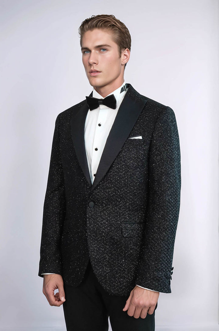 Черный мужской блейзер для выпускного с блестящим узором в мелкую клетку - Wessi