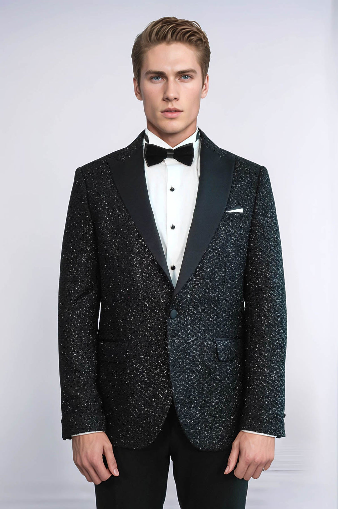 Черный мужской блейзер для выпускного с блестящим узором в мелкую клетку - Wessi