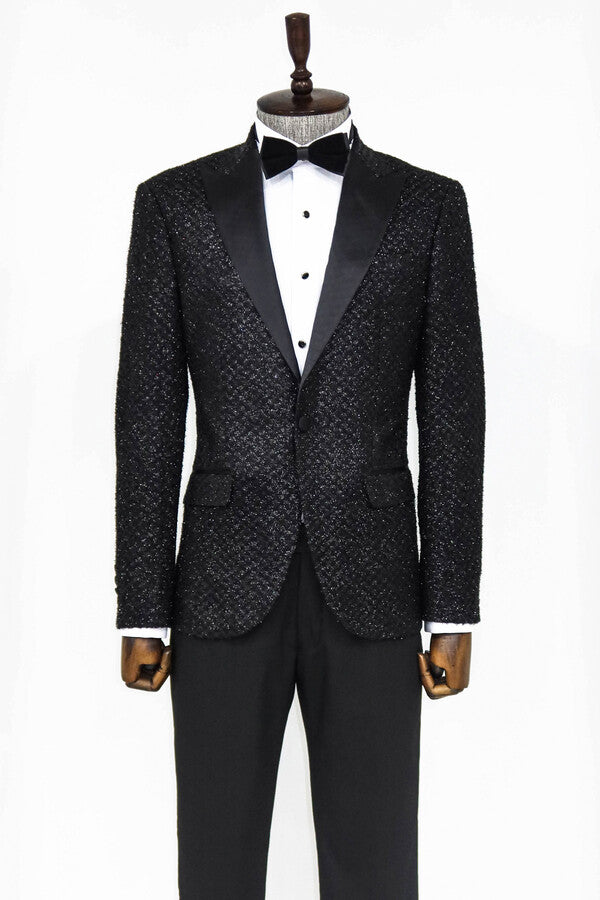 Gingham Patterned Glitter Black Men Prom Blazer and Trousers Combination - Wessi