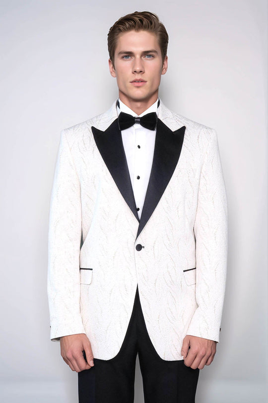 Patterned Shiny White Men Wedding Tuxedo Jacket - Wessi