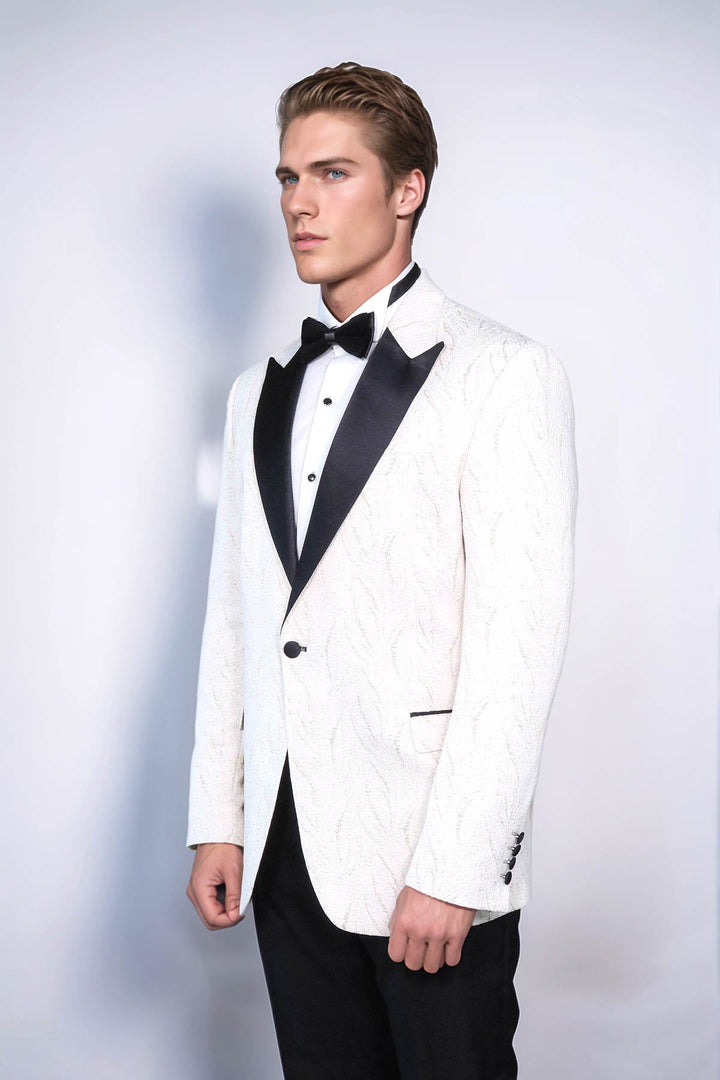 Patterned Shiny White Men Wedding Tuxedo Jacket - Wessi