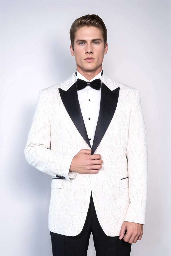Patterned Shiny White Men Wedding Tuxedo Jacket - Wessi