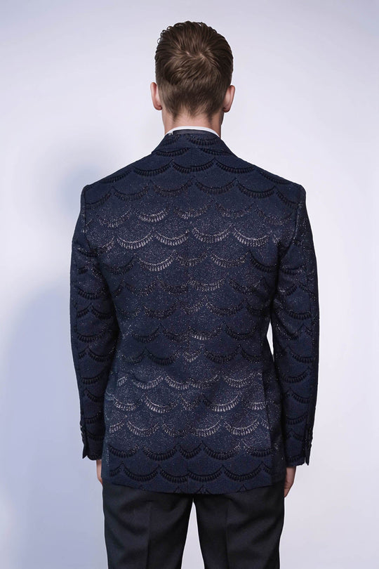 Patterned Slim Fit Navy Blue Men Singer Tuxedo Blazer - Wessi