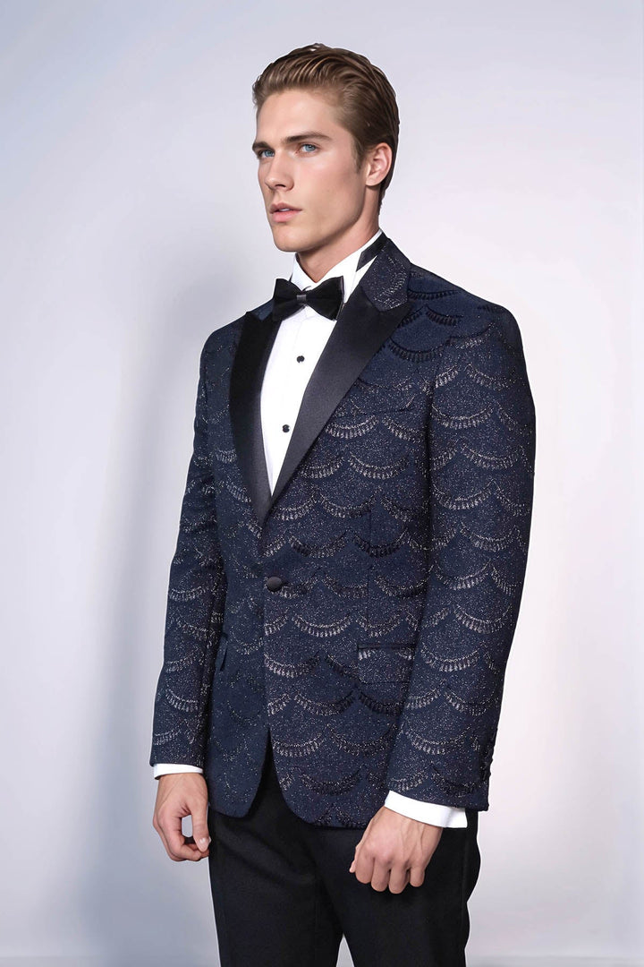 Patterned Slim Fit Navy Blue Men Singer Tuxedo Blazer - Wessi