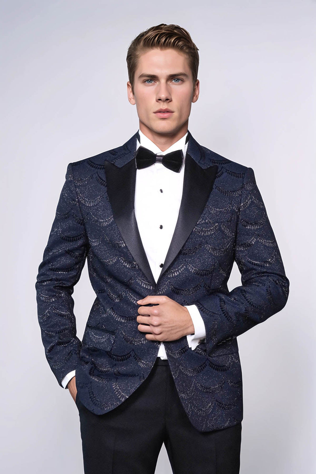 Patterned Slim Fit Navy Blue Men Singer Tuxedo Blazer - Wessi