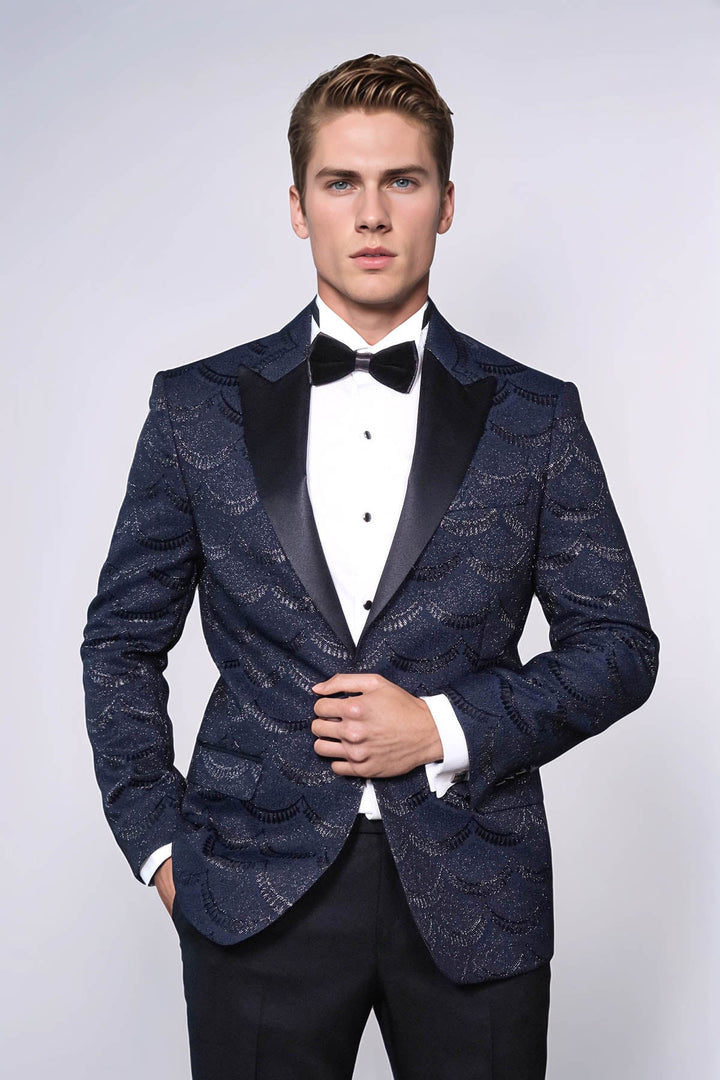 Patterned Slim Fit Navy Blue Men Singer Tuxedo Blazer - Wessi