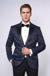Patterned Slim Fit Navy Blue Men Singer Tuxedo Blazer - Wessi