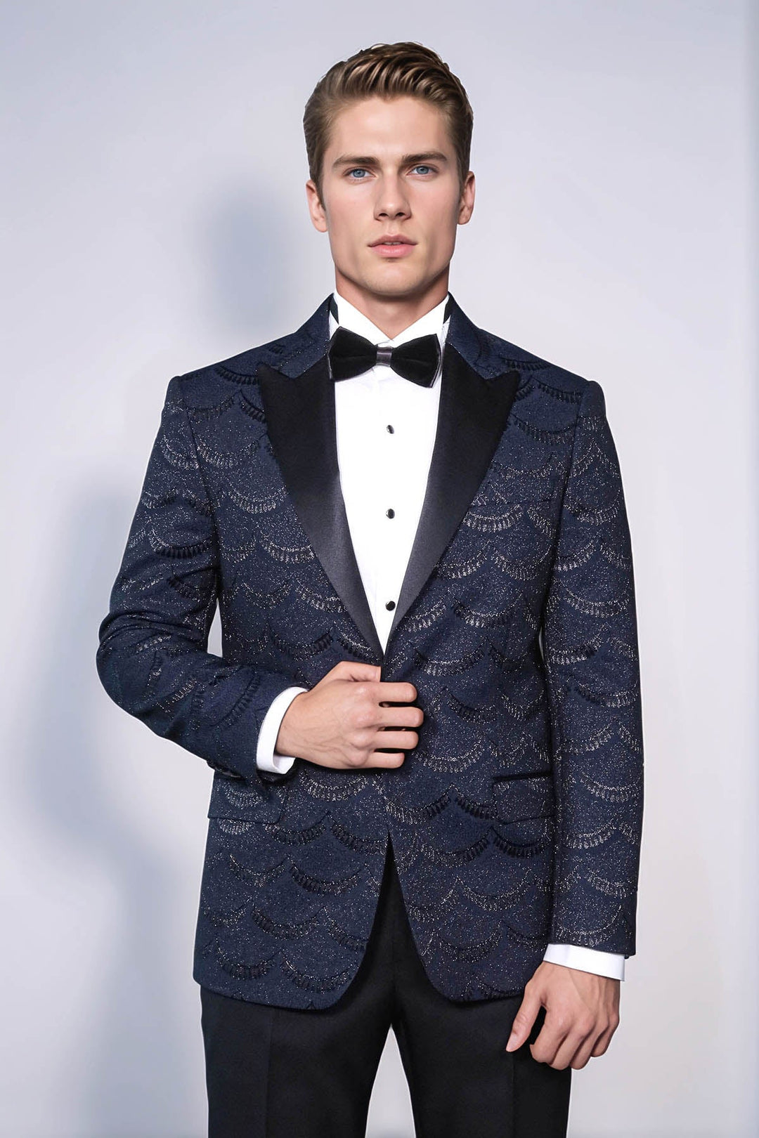 Patterned Slim Fit Navy Blue Men Singer Tuxedo Blazer - Wessi