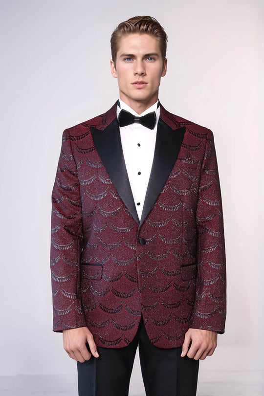 Patterned Slim Fit Burgundy Men Tuxedo Jacket - Wessi