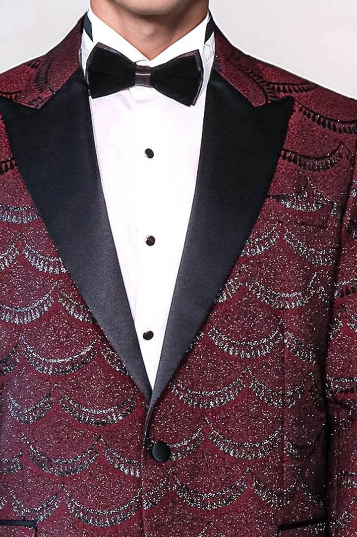 Patterned Slim Fit Burgundy Men Tuxedo Jacket - Wessi
