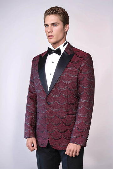 Patterned Slim Fit Burgundy Men Tuxedo Jacket - Wessi
